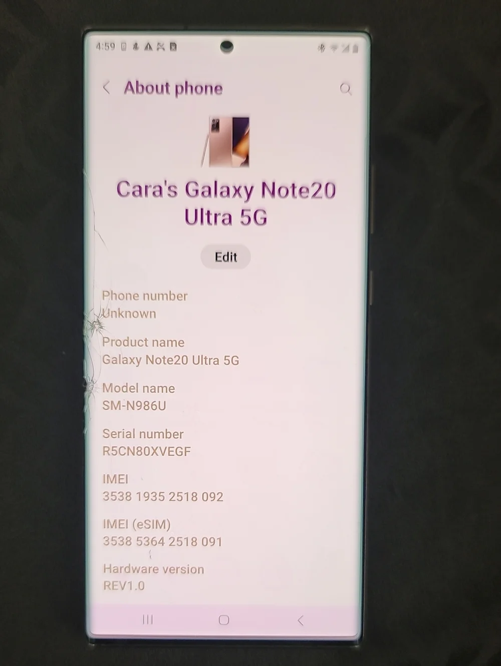 Samsung Galaxy Note20 Ultra 5G - Silver/White Front Display